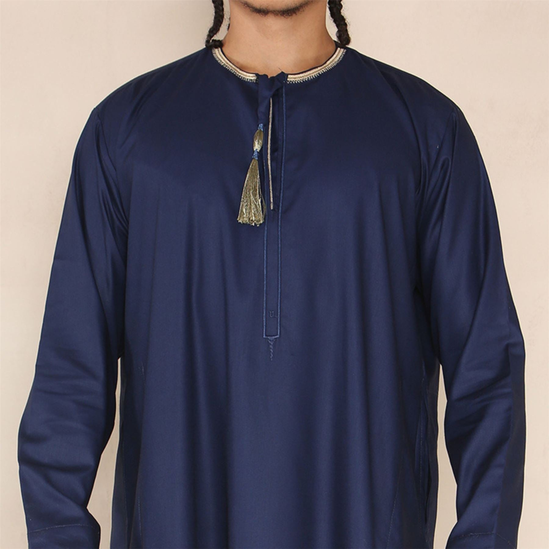 Mens Emirati Omani Thobe Jubba Islamic Clothing Muslim Kaftan Eid Robe Arab String Tassel