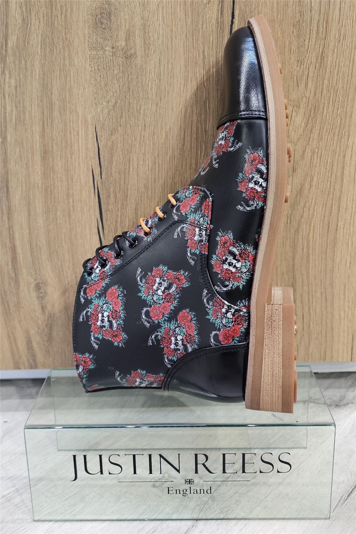 Men's Boot Black Oxford Floral Skull Print Lace Up Leather Dress Ankle Boots