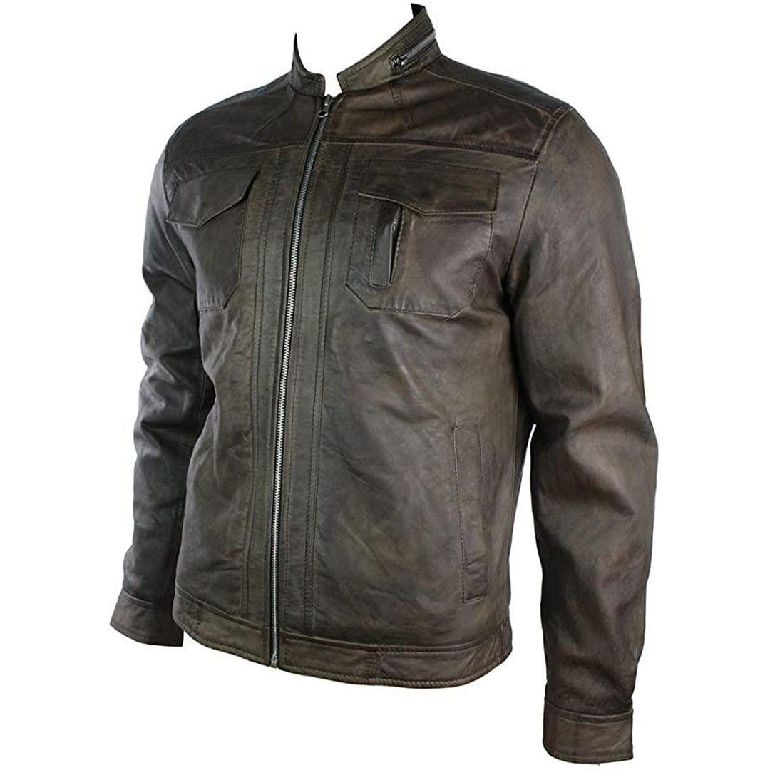 Mens Short Zipped Casual Wine Burgundy Real Leather Retro Biker Jacket Washed Vintage - Knighthood Store