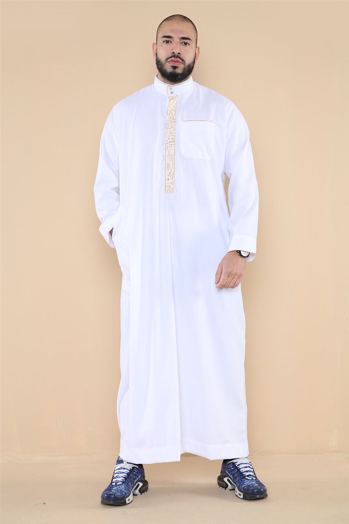 Mens Thobe Jubba Nehru Stand Collar Islamic Clothing Muslim Cotton Kaftan Embroidery Eid Robe Saudi
