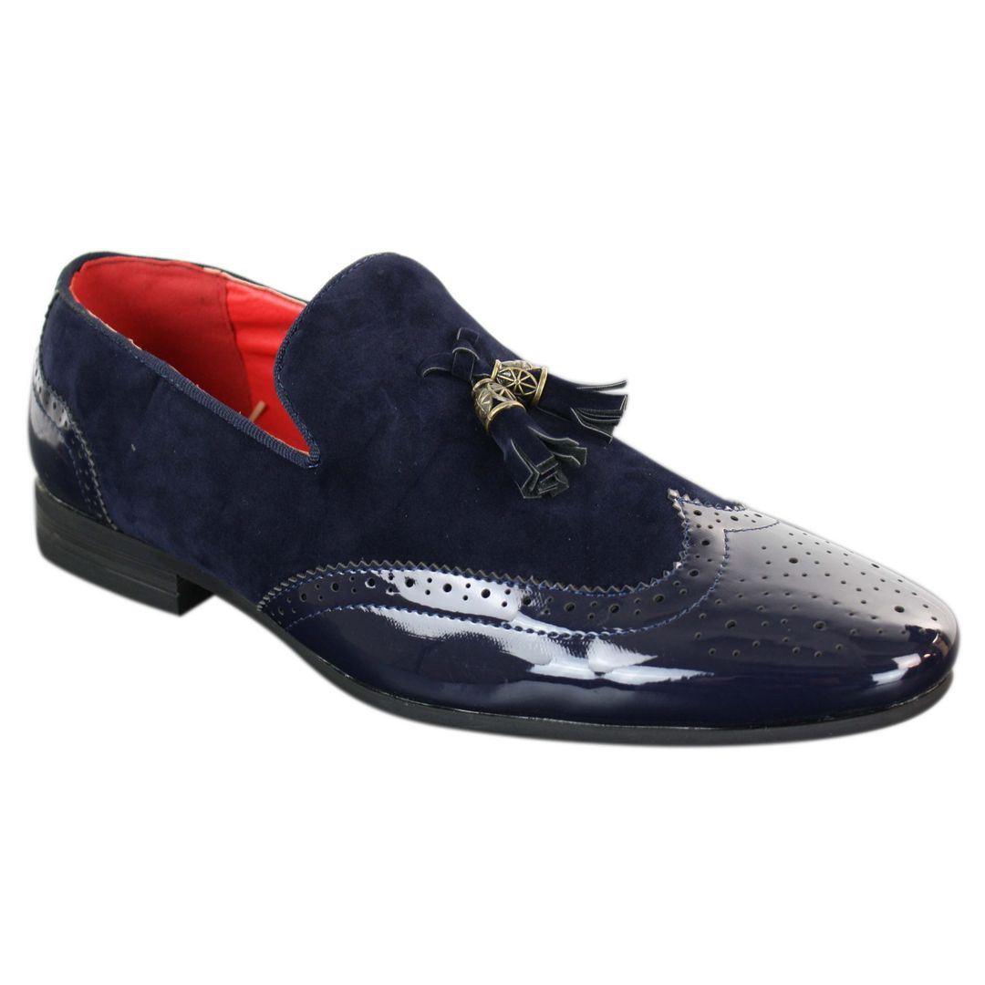 Mens Slip On Tassel Driving Shoes Shiny Black Navy Red Patent Leather PU Suede Loafers - Knighthood Store