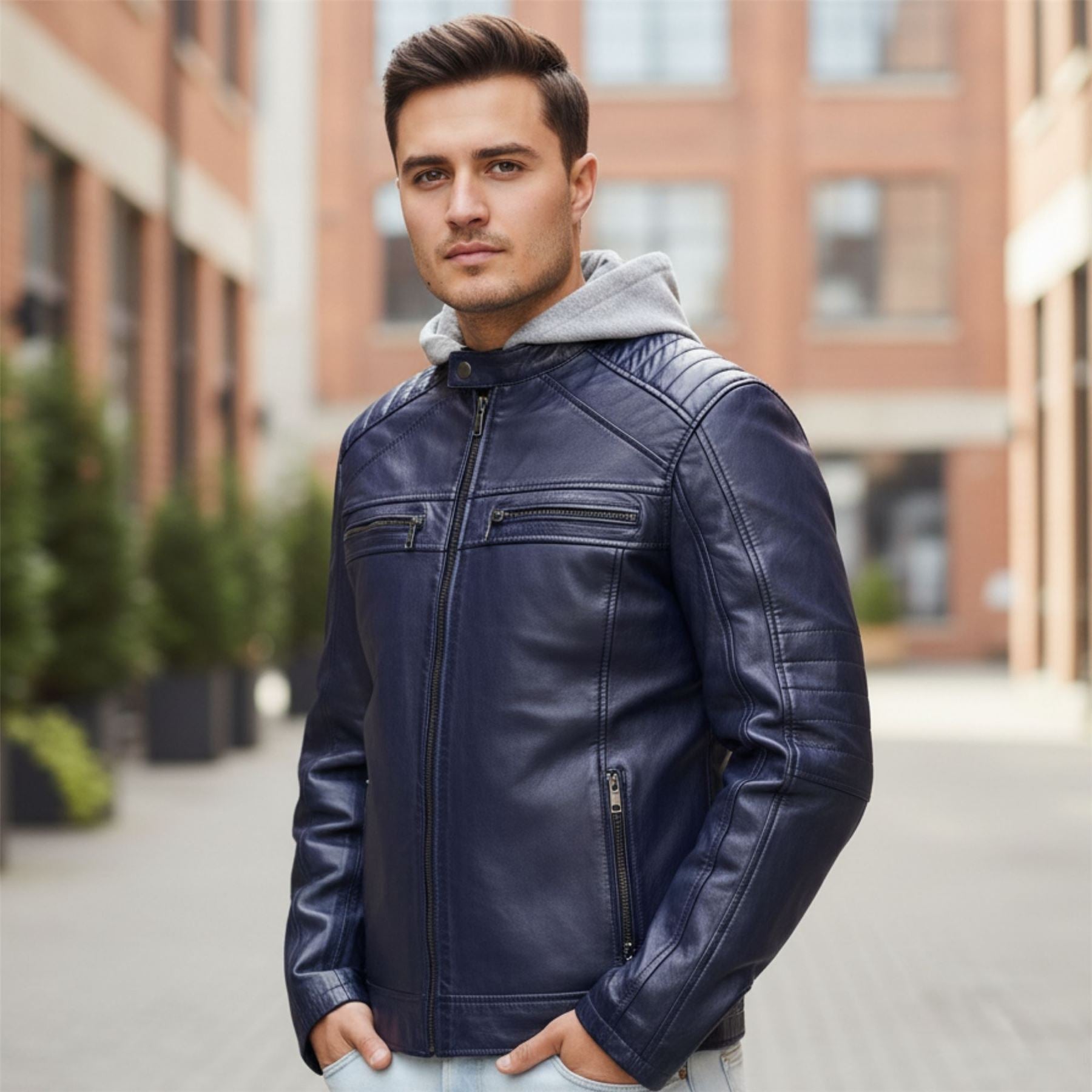 Men's Hooded Biker Lamb Leather Jacket