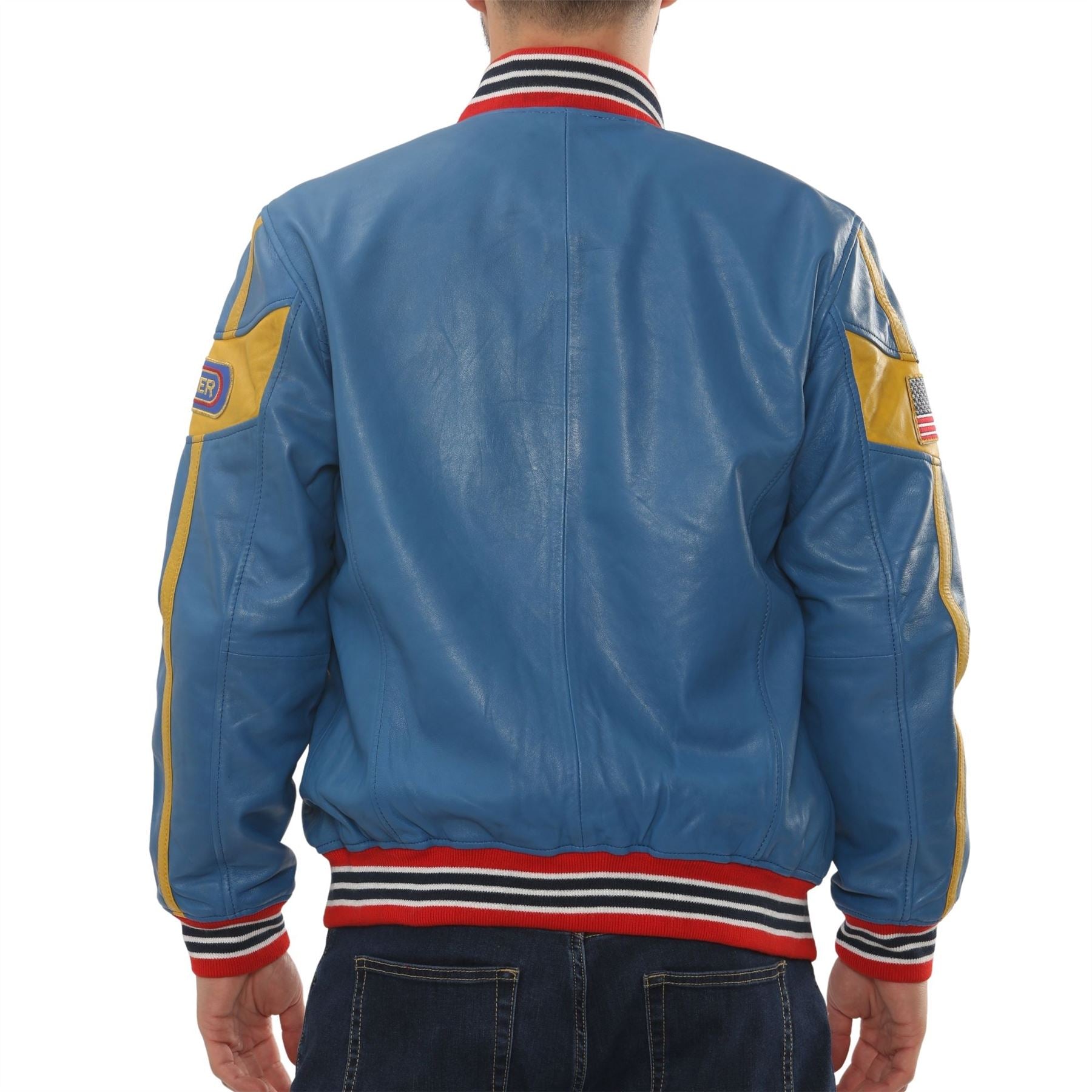 Men's Blue Leather Motorcycle Jacket Biker Bomber