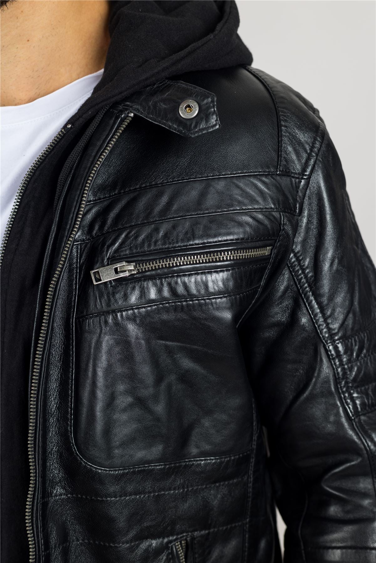 Men's Black Hooded Genuine Leather Motorcycle Biker Jacket