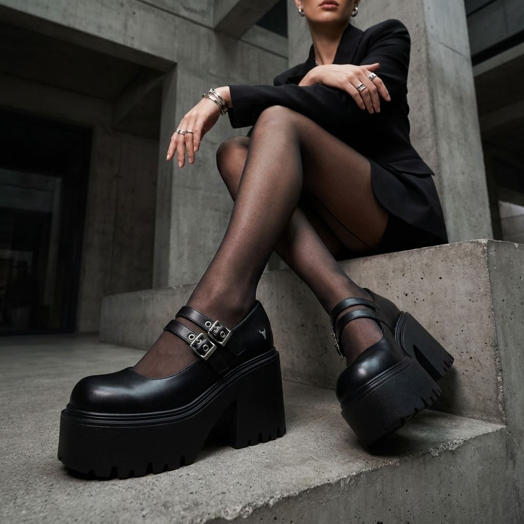 Lessons - Women's Black Leather Chunky Heel Buckle Shoes