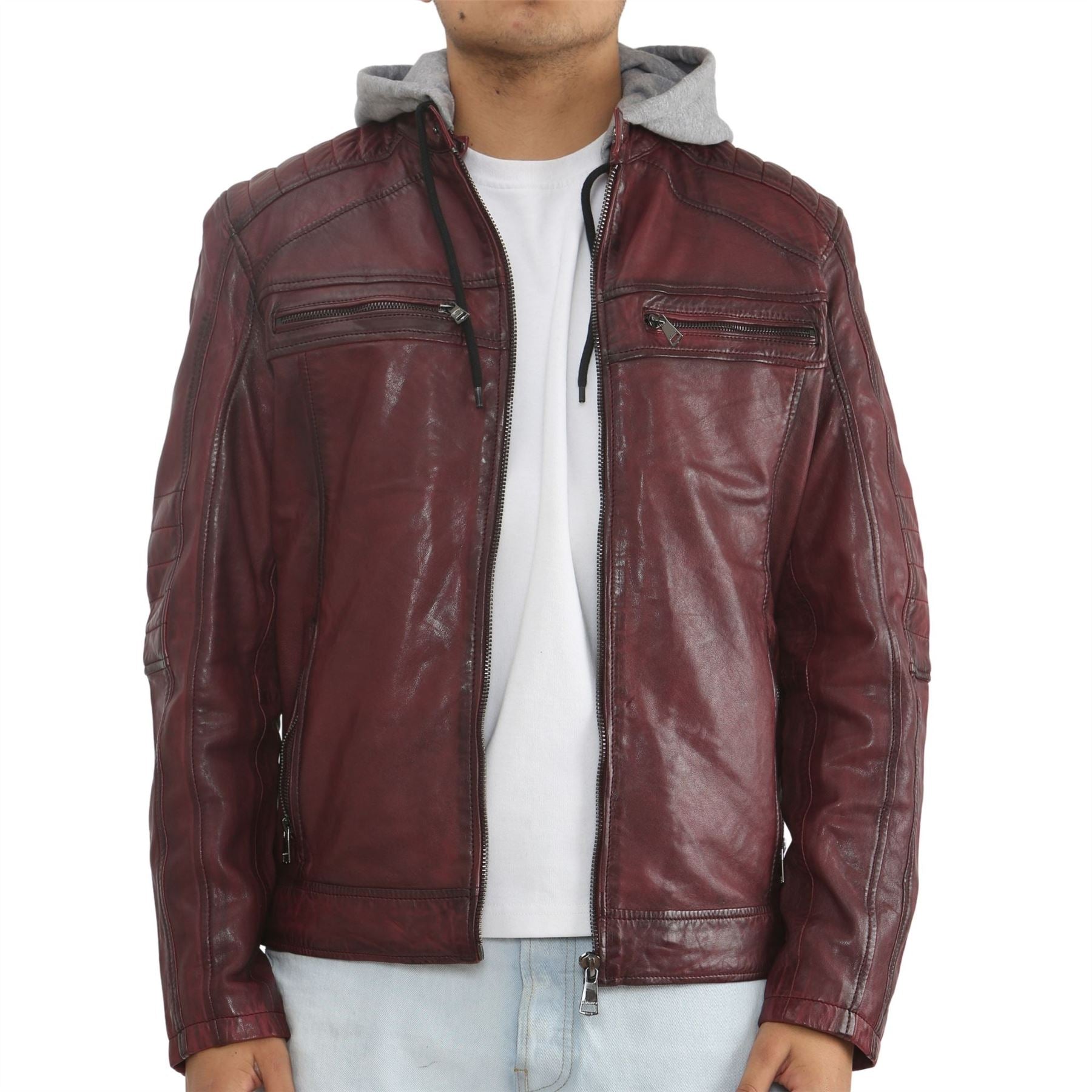 Men's Hooded Biker Lamb Leather Jacket
