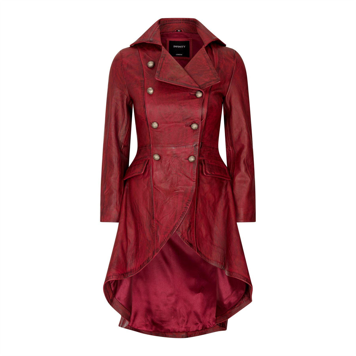 Women's Leather Jacket Tail Coat Gothic Double Breasted Trench Coat - Burgundy / X-Small
