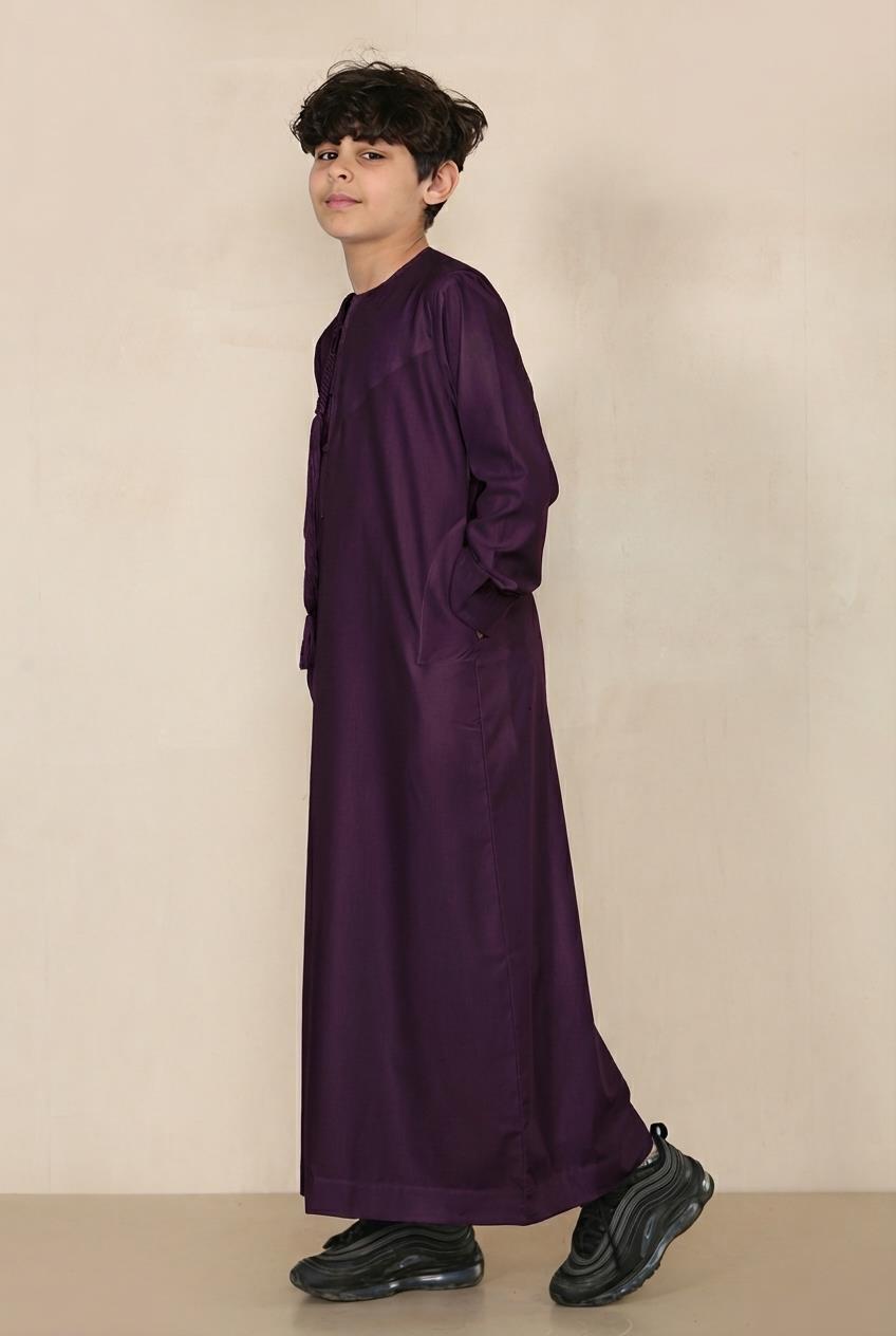 Boy's Thobe Emirati Omani Jubba Islamic Clothing Muslim Kaftan Eid Robe String Tassel | Purple