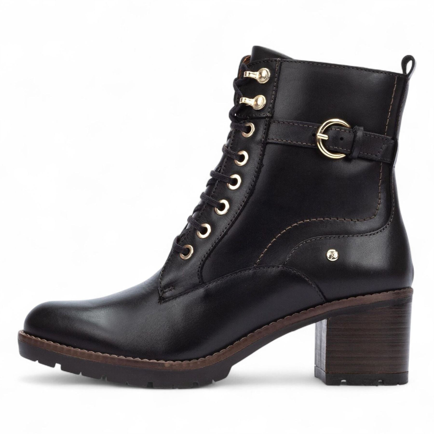 Llanes - Women’s Black Leather Mid-Heel Combat Ankle Boots