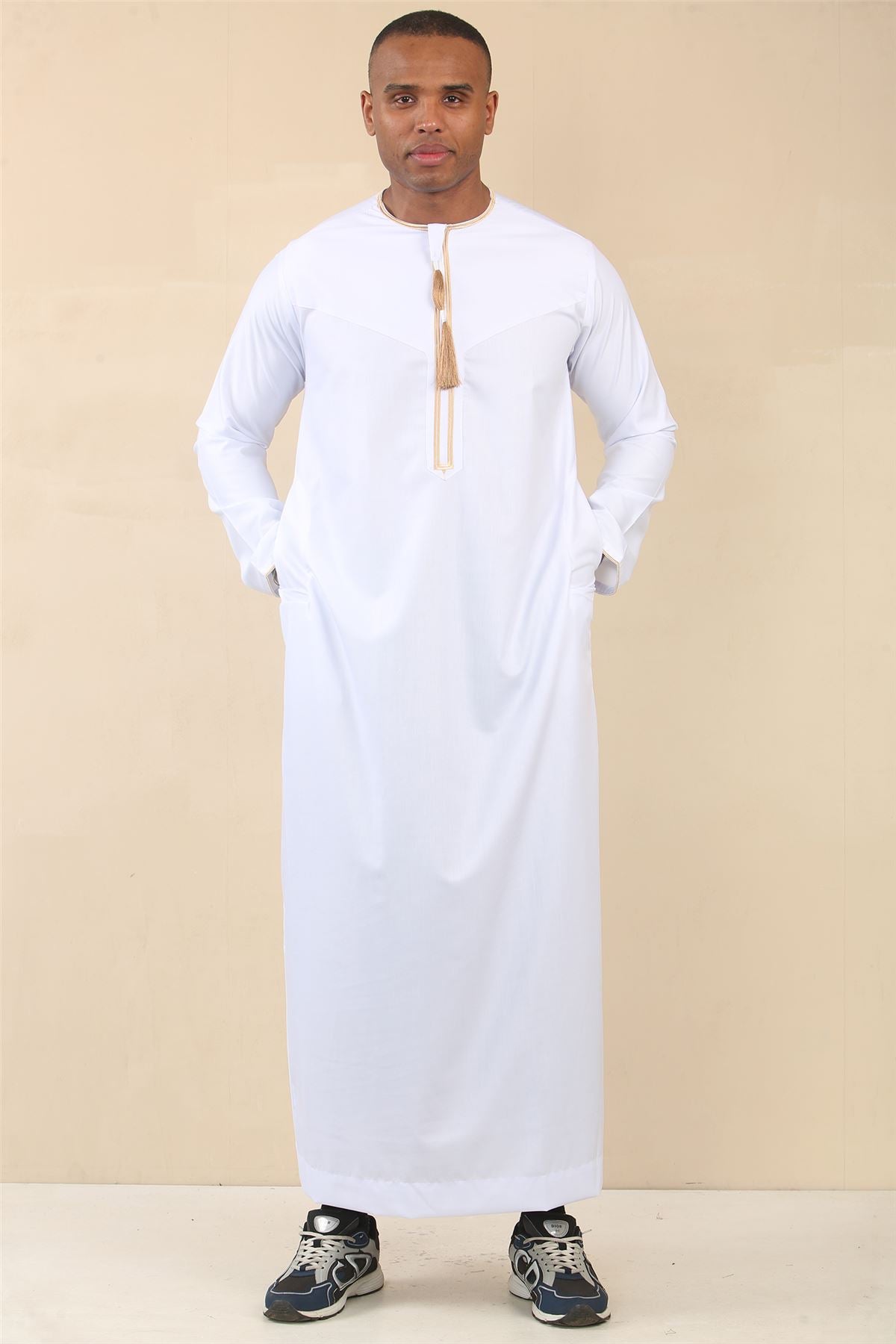 Men's Thobe Emirati Omani Jubba Islamic Clothing Muslim Kaftan Eid Robe Arab Gold Tassel Embroidery