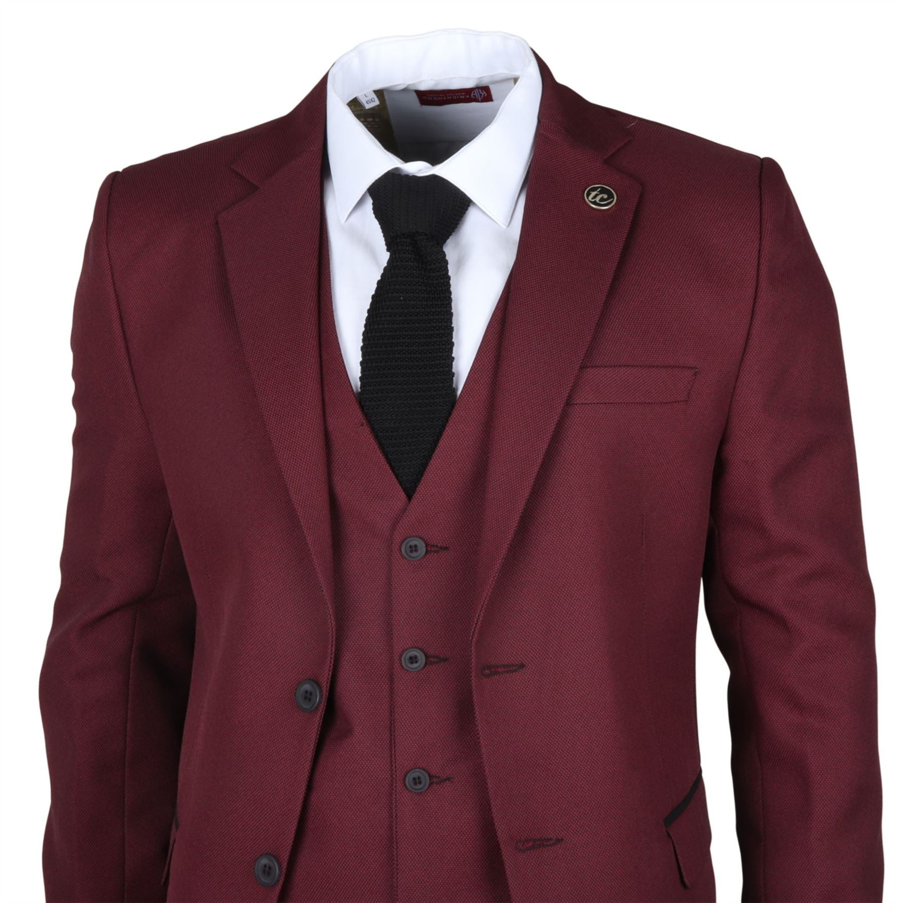 Men's Suit 3 Piece Burgundy Classic Birdseye Wedding Formal Dress