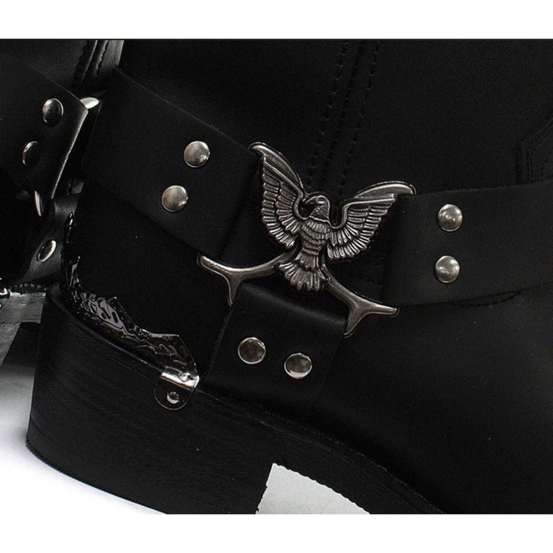 Mens Real Leather Hi Biker Boots Rock Punk Grinders Eagle Buckle Metal Toe - Knighthood Store