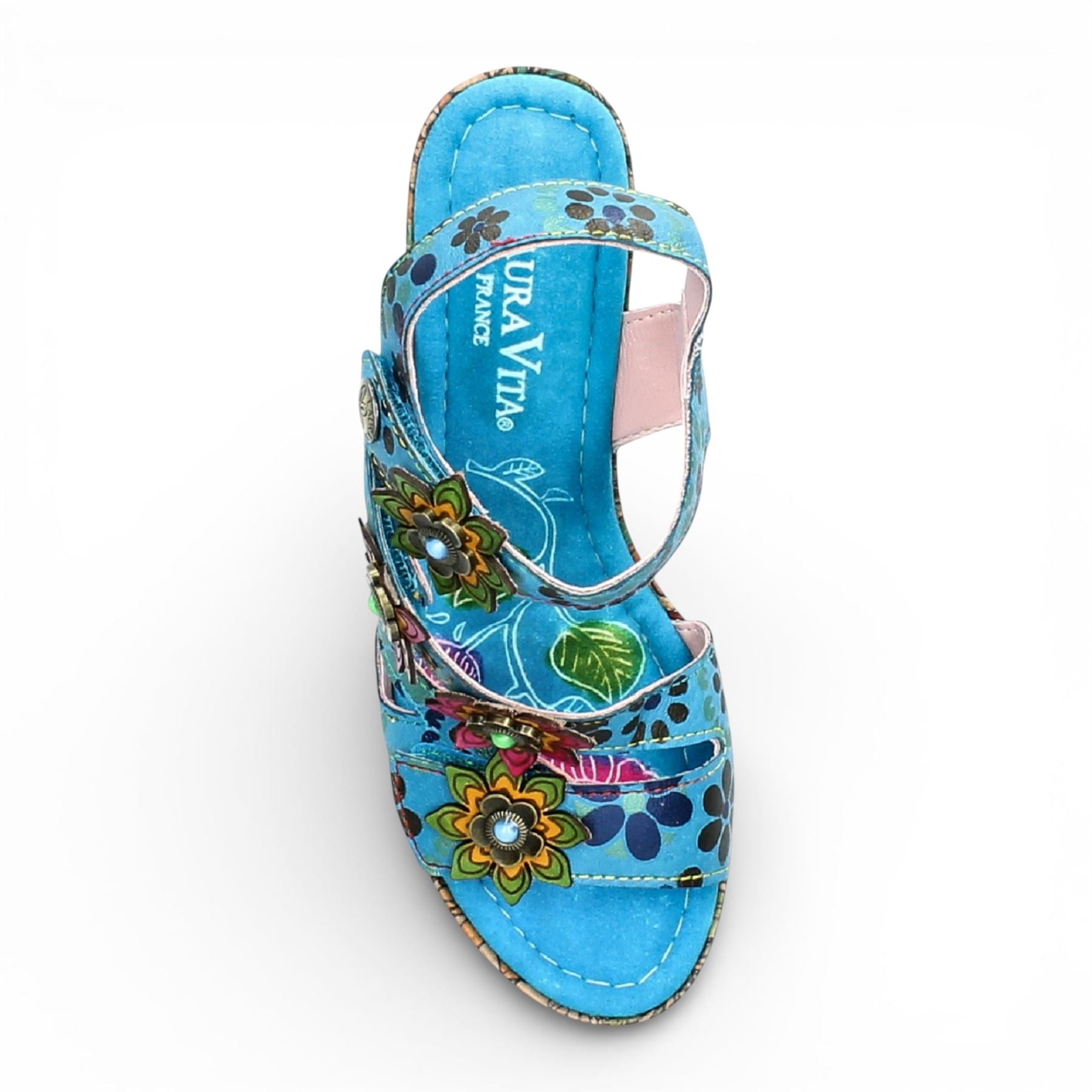 Nellao 33 - Women's Blue Floral Leather Wedge Sandals