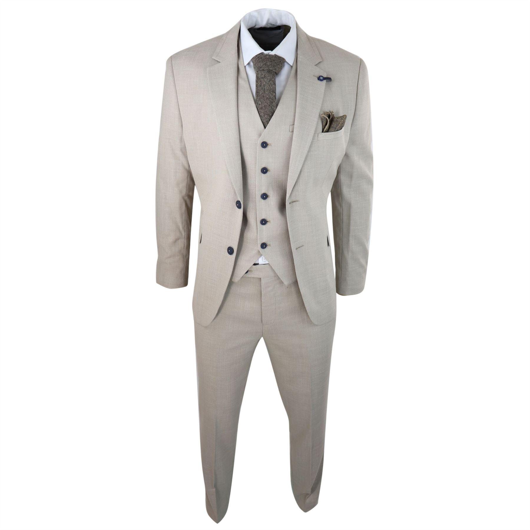 Mens 3 Piece Suit Linen Beige Cream 2 Button Tailored Fit Classic Retro - Knighthood Store