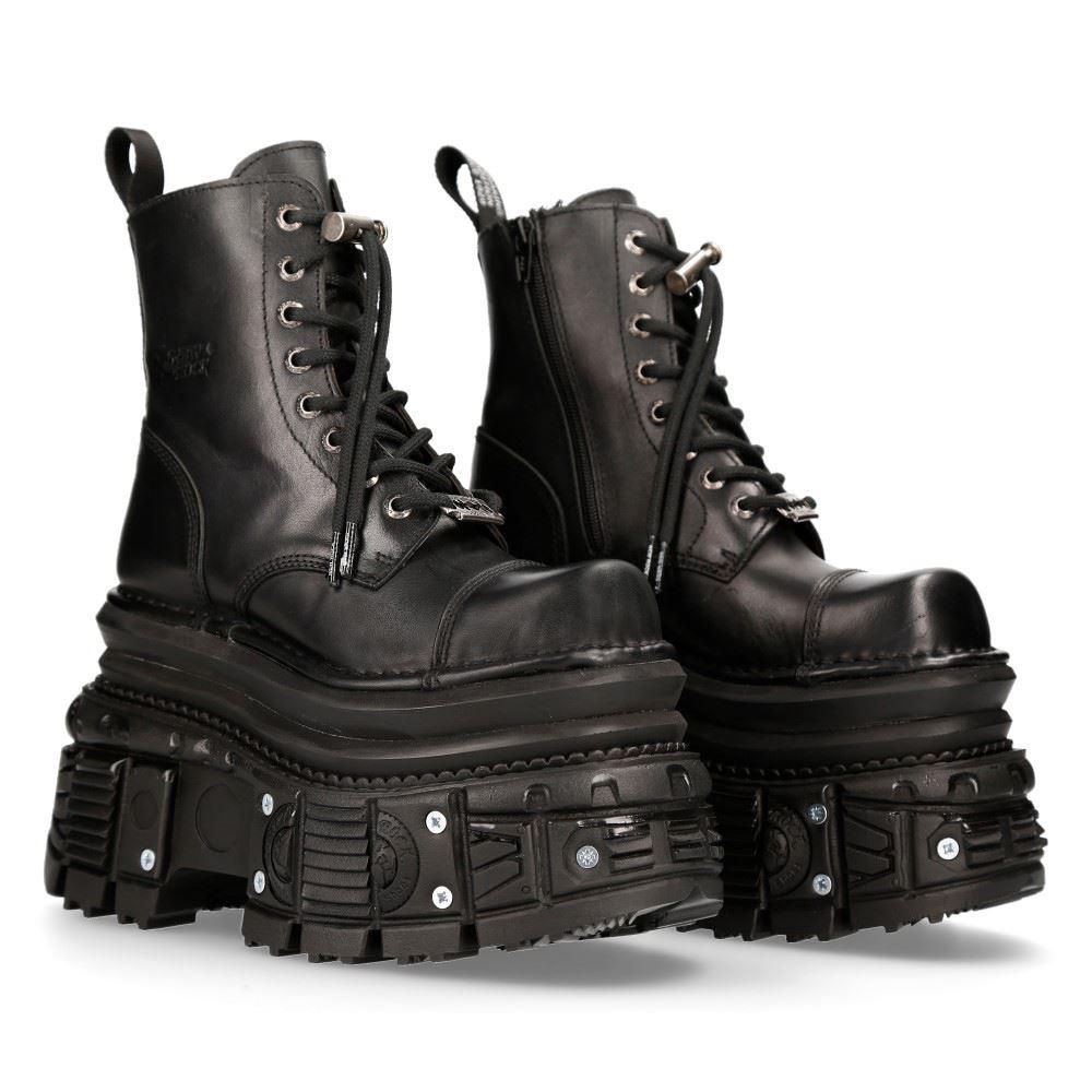 New Rock MILI083CCT-C4 Metallic Black Leather Military Boots Punk Goth Rock - Knighthood Store