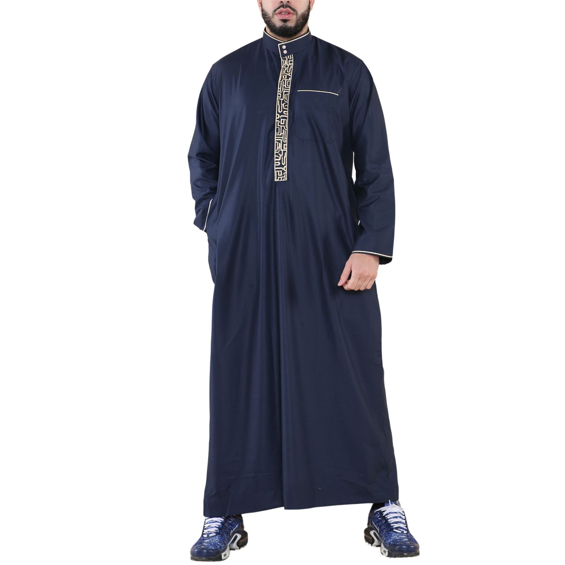 Mens Thobe Jubba Nehru Stand Collar Islamic Clothing Muslim Cotton Kaftan Embroidery Eid Robe Saudi