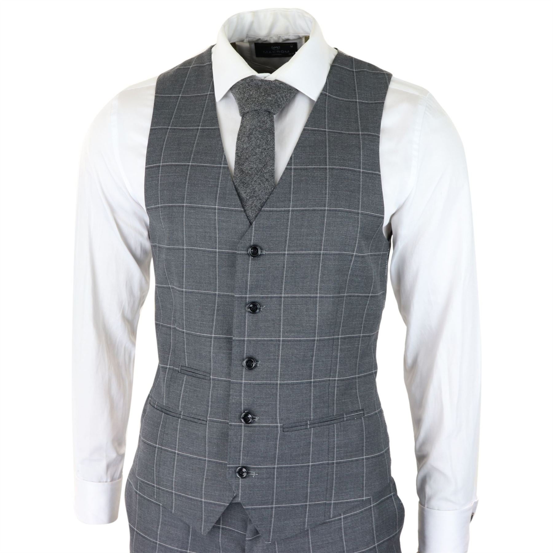 Mens Grey Check 3 Piece Suit Vintage Retro Smart Wedding Classic Tailored Fit Light
