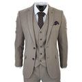 Men's Beige 3 Piece Suit Tweed Wool Herringbone Formal Business Dress Suits - Knighthood Store