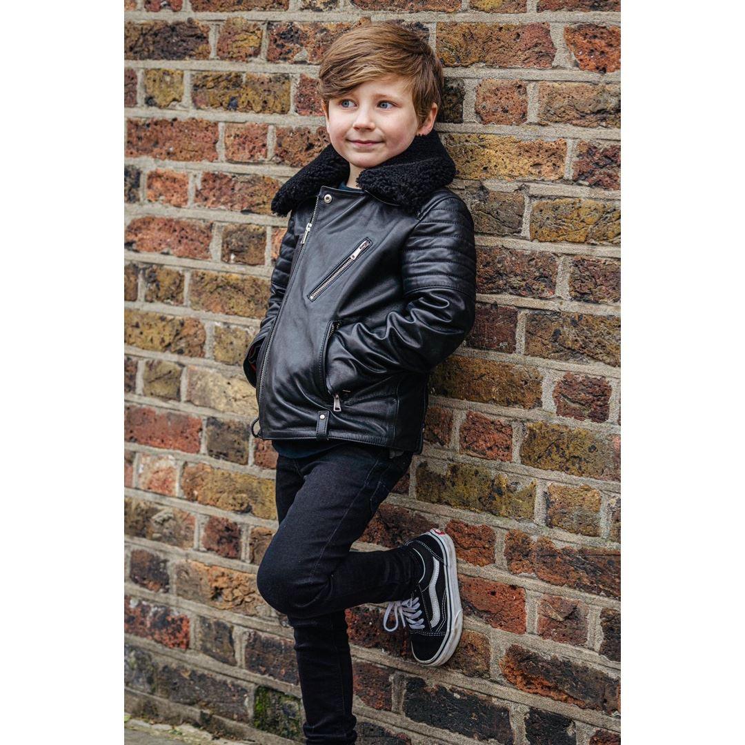 Boys Kids Real leather Biker Style Jacket Brando Cross Zip Black Fur Collar - Knighthood Store