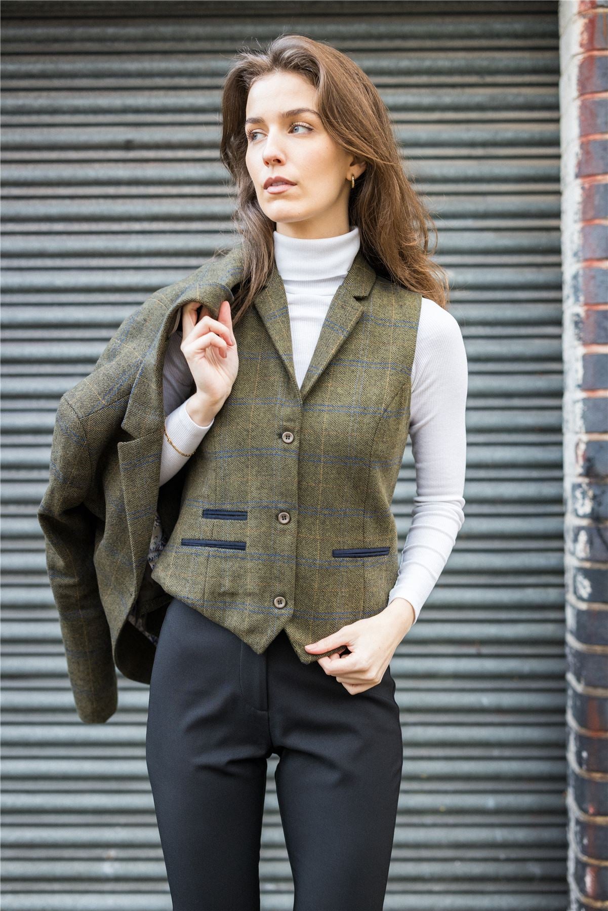 Women's Olive Green Wool Blend Tweed Herringbone Checkered Blazer Waistcoat