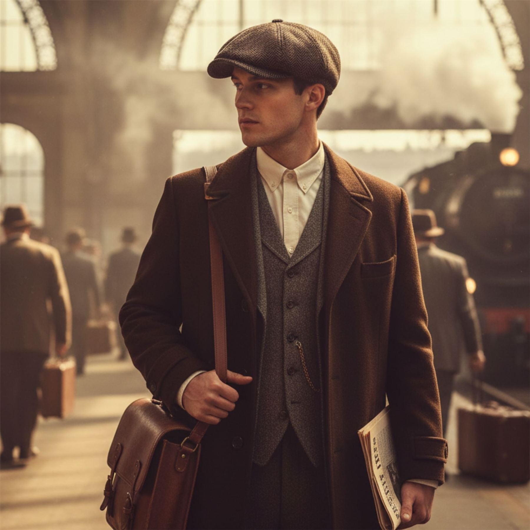 Men's Wool Blend Herringbone Newsboy Flat Cap