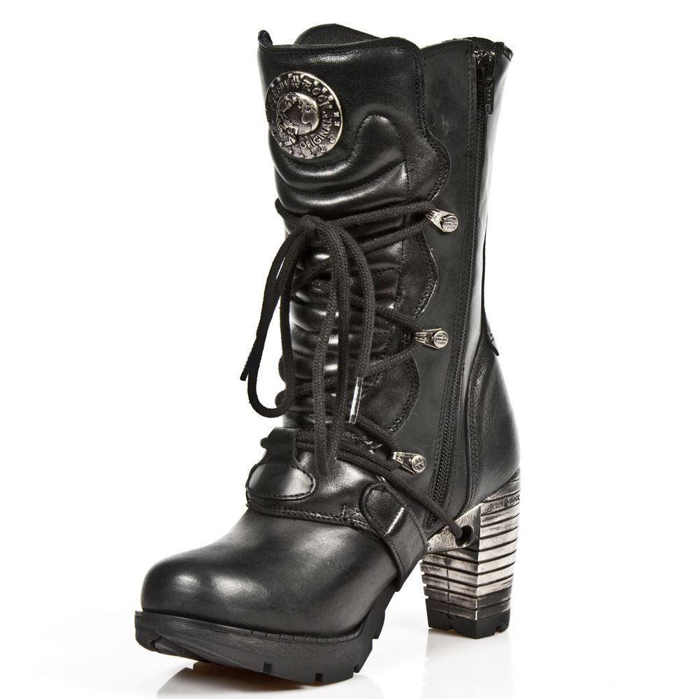 New Rock TR003-S1 womens Platform Heel Metal Rock Punk Laces Mid Boots Goth - Knighthood Store