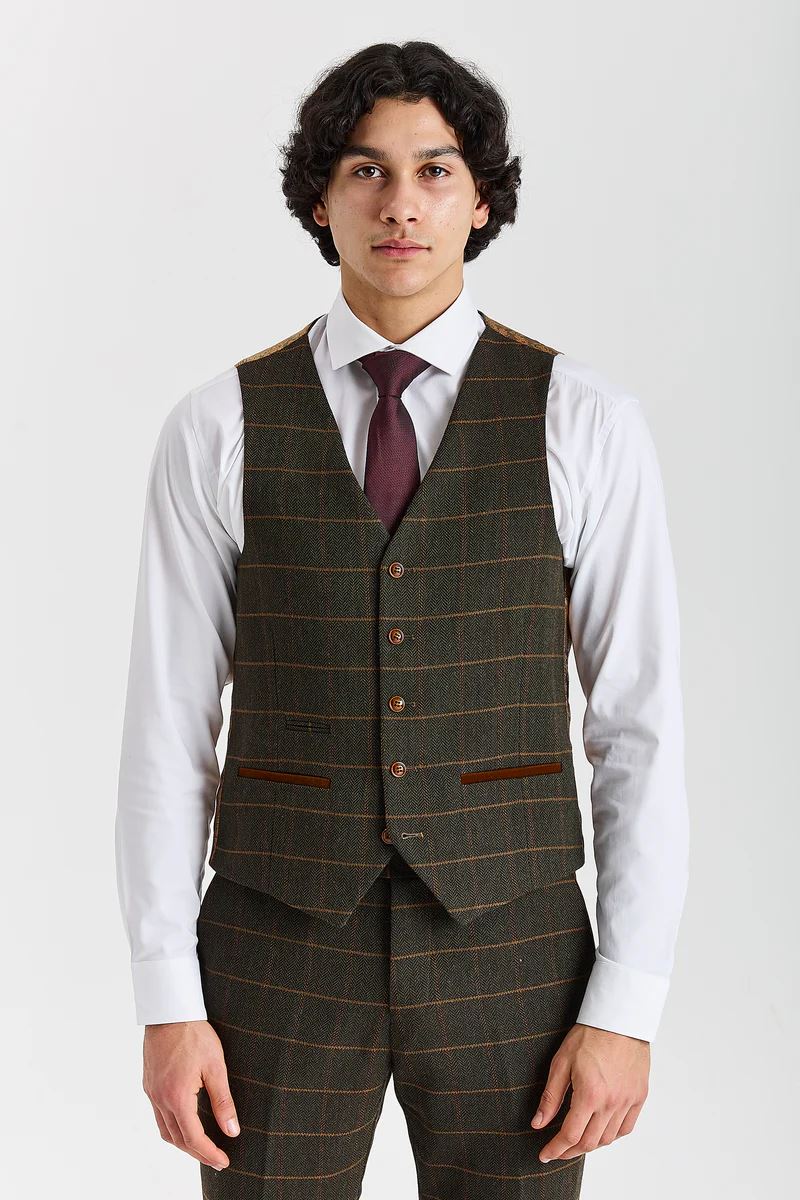 Harris - Men's Green Tweed Herringbone Check Waistcoat