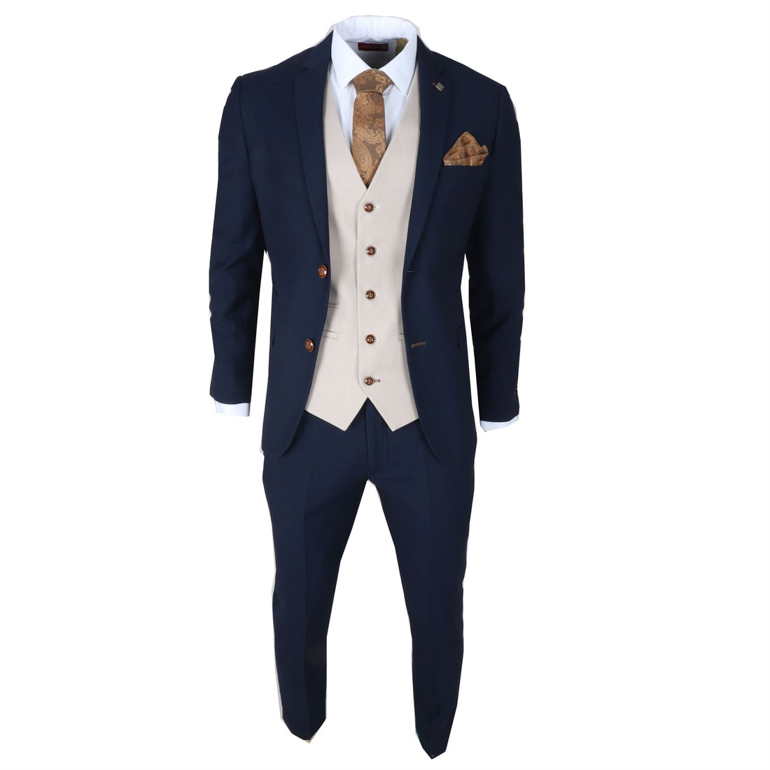 Men's Suit Navy Cream 3 Piece Classic Birdseye Wedding Grooms