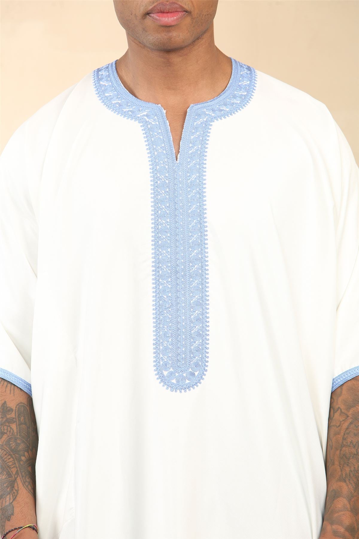 Men's Moroccan Thobe Gandoura Short Sleeve Jubba Kaftan Eid Robe Arab Embroidery