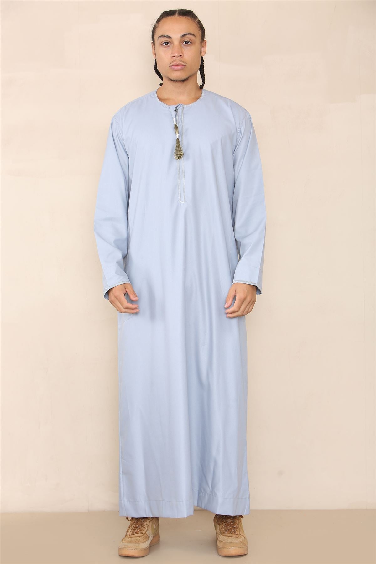 Mens Thobe Jubba Islamic Clothing Muslim Kaftan Emirati Omani Robe Arab Tassel