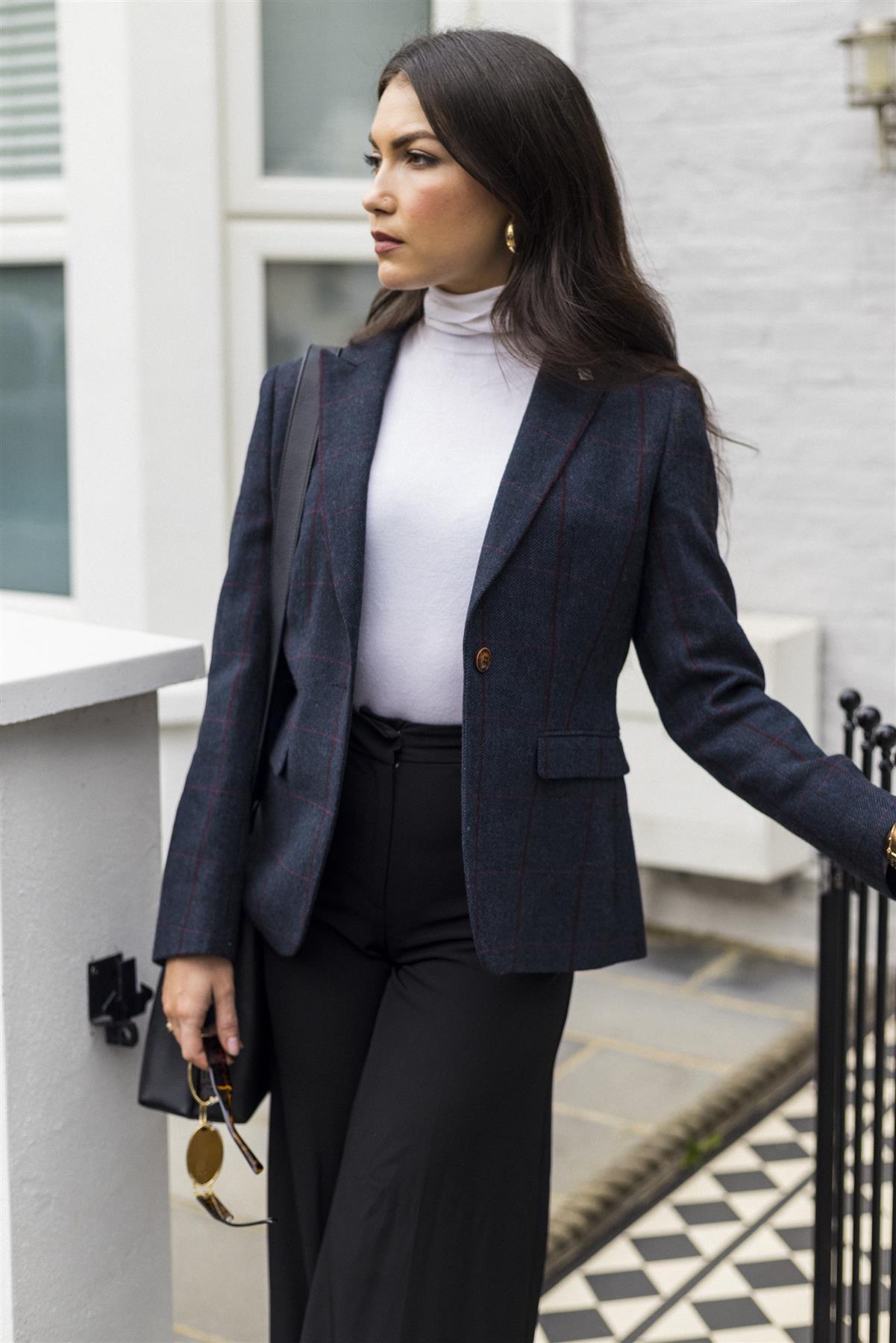 Women's Blazer Tweed Herringbone Checkered Tailored Fit Jacket - Knighthood Store