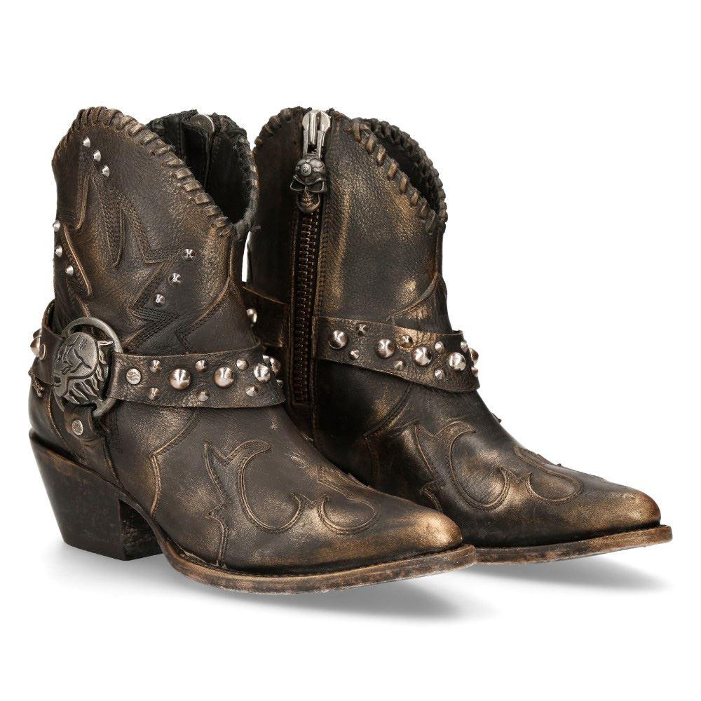 New Rock WSTM004-S1 Brown Leather Cowboy Western Pointed Boots Vintage Stud - Knighthood Store