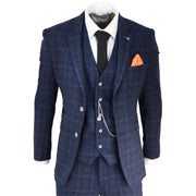 Mens Grey 3 Piece Suit Tan Navy Check Wedding Prom Formal Vintage Tailored Fit