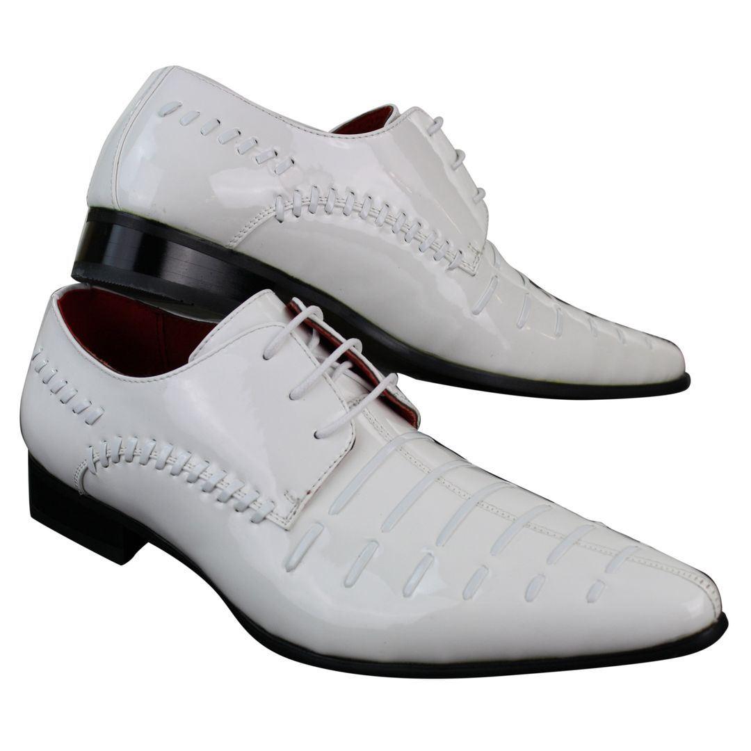 Mens Italian Design White Laced Leather Shiny Patent Shoes Smart Casual - Knighthood Store