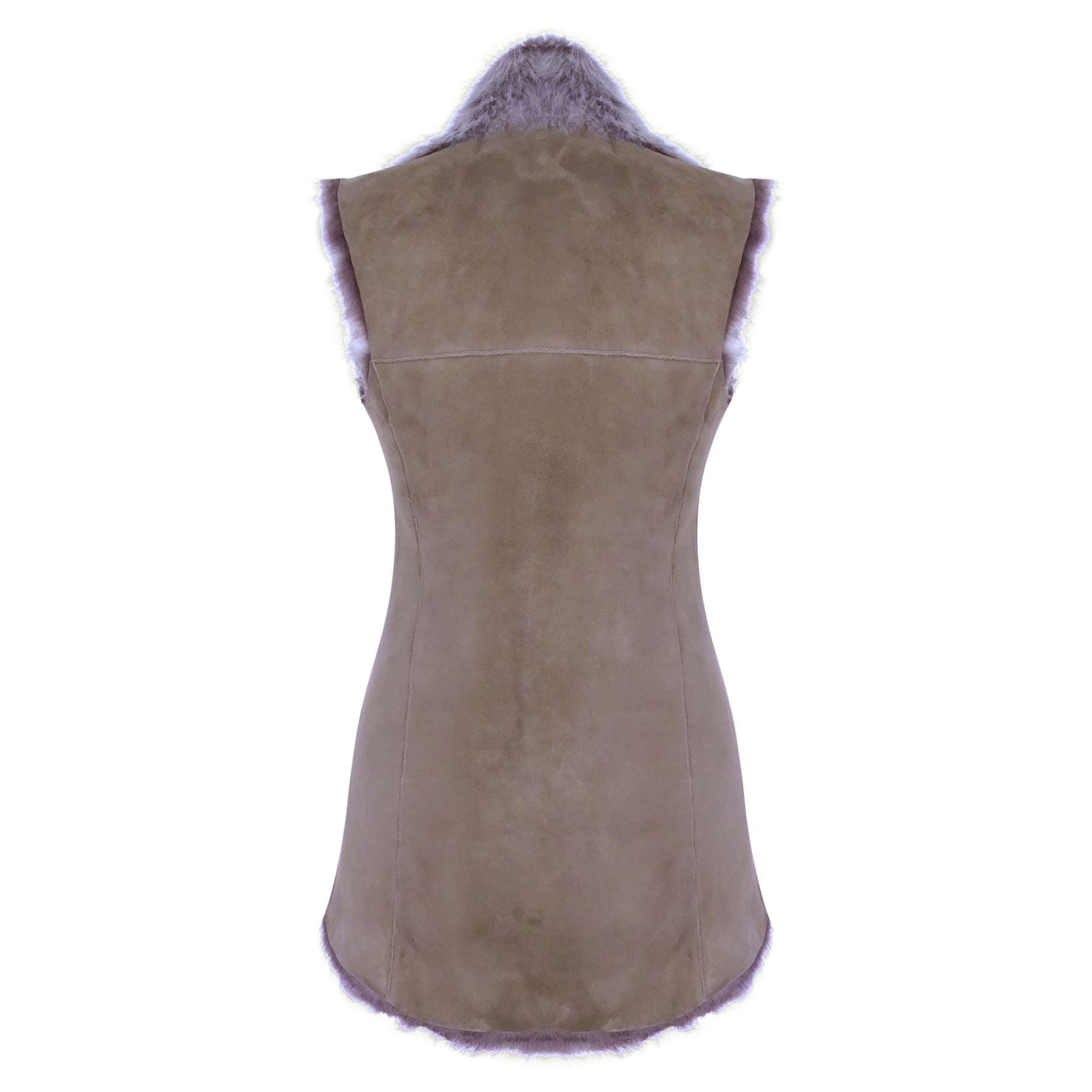 Ladies Women Real Spanish Shearling Sheepskin Toscana Taupe Long Waistcoat Gilet - Knighthood Store