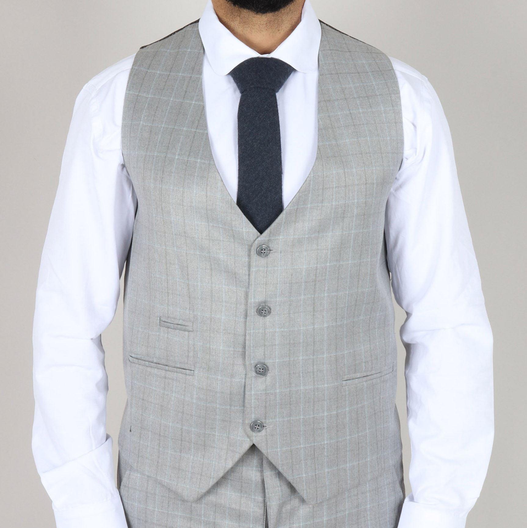 Men's Light Grey Suit Prince Of Wales Check Tailored Fit 3 Piece Formal Dress - Knighthood Store