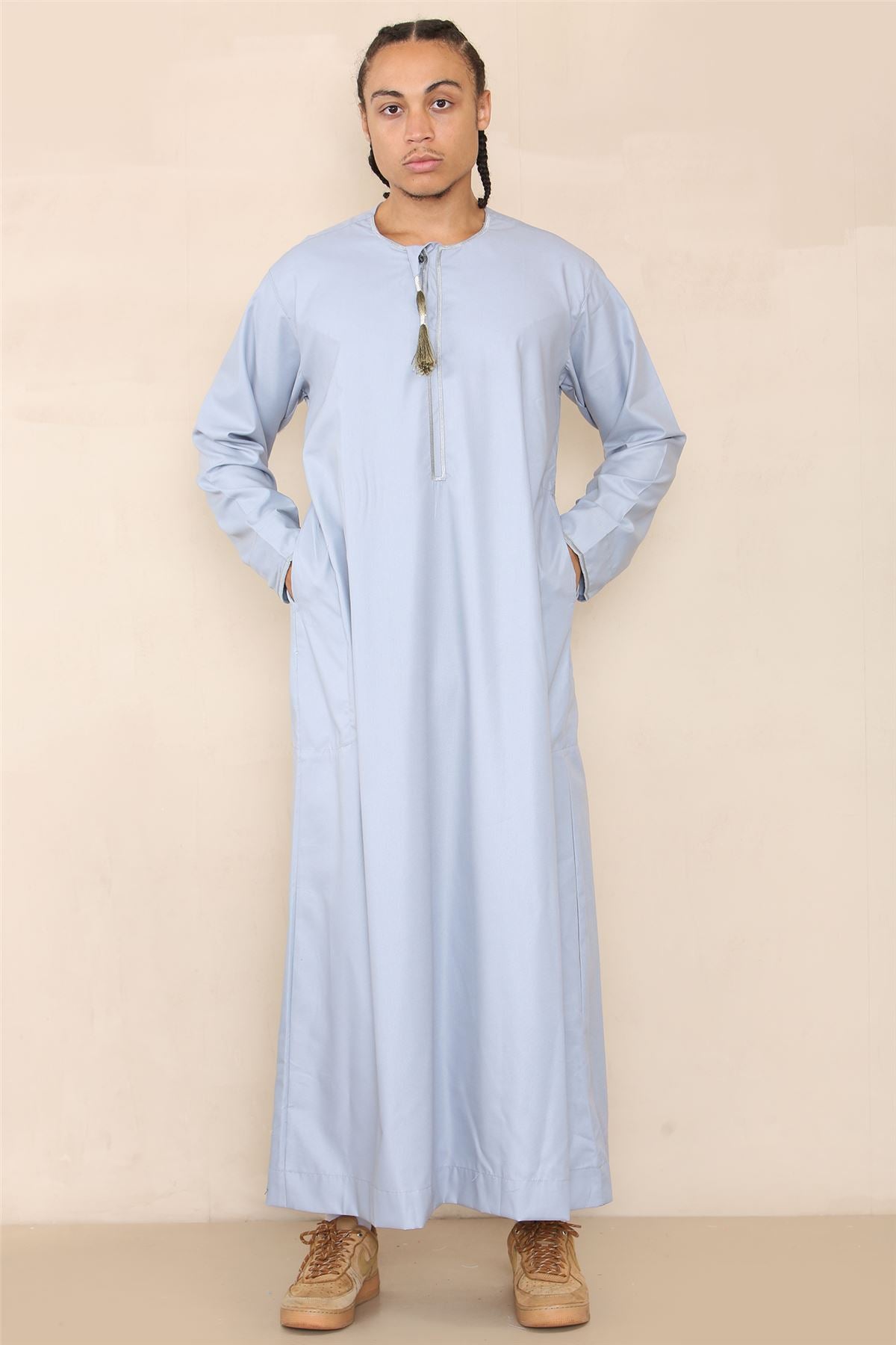 Mens Thobe Jubba Islamic Clothing Muslim Kaftan Emirati Omani Robe Arab Tassel