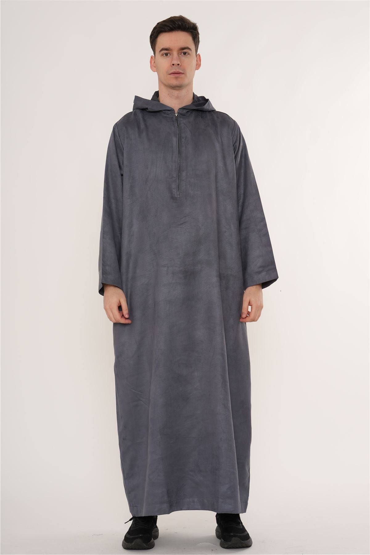 HM12 - Men's Hooded Suede Thobe Emirati Omani Zipped Thobe