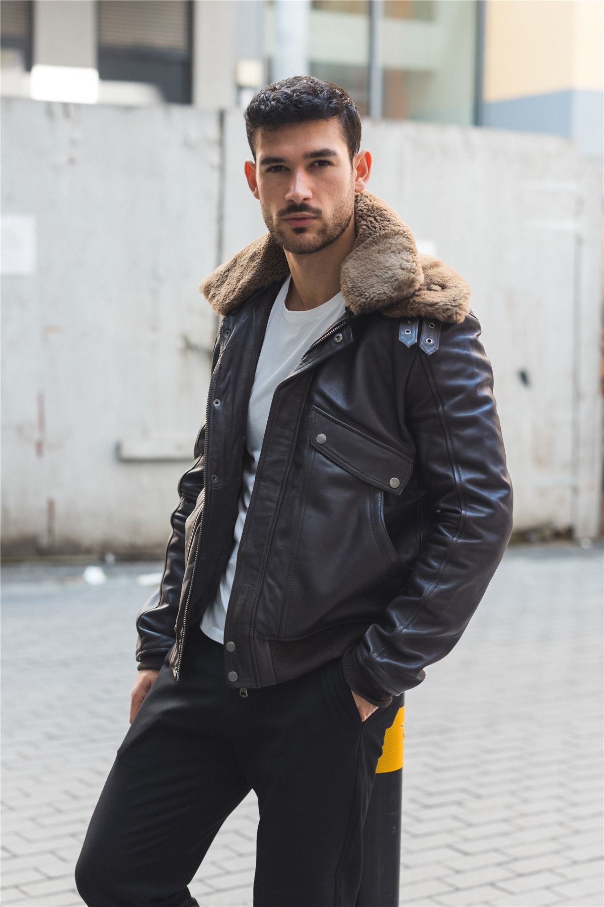 Men's Brown Leather Bomber Aviator Style Jacket