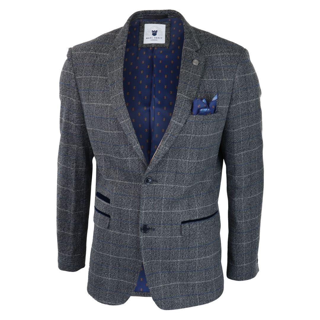 Mens Blue Check Blazer Herringbone Tweed Vintage Tailored Fit Grey Velvet - Knighthood Store