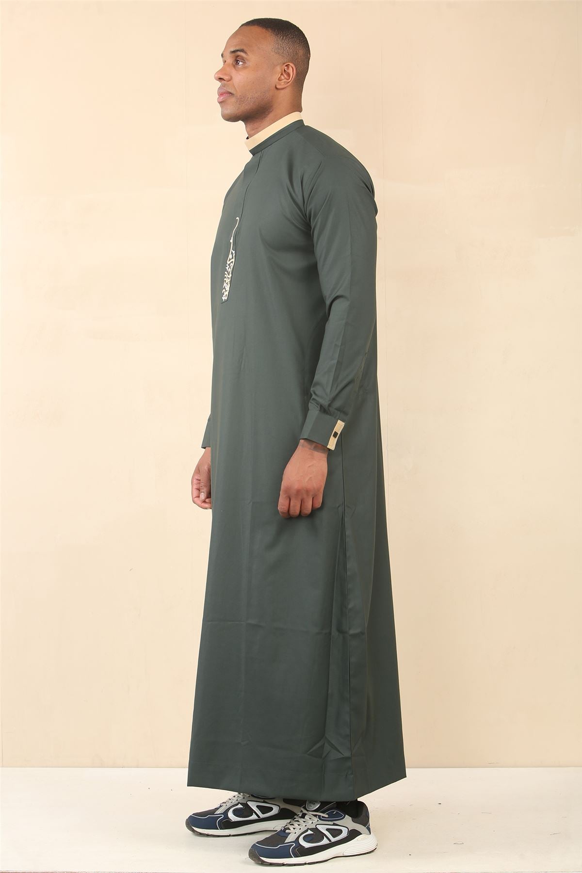 Men's Thobe Jubba Nehru Round Collar Islamic Clothing Muslim Kaftan Embroidery Eid Robe Saudi