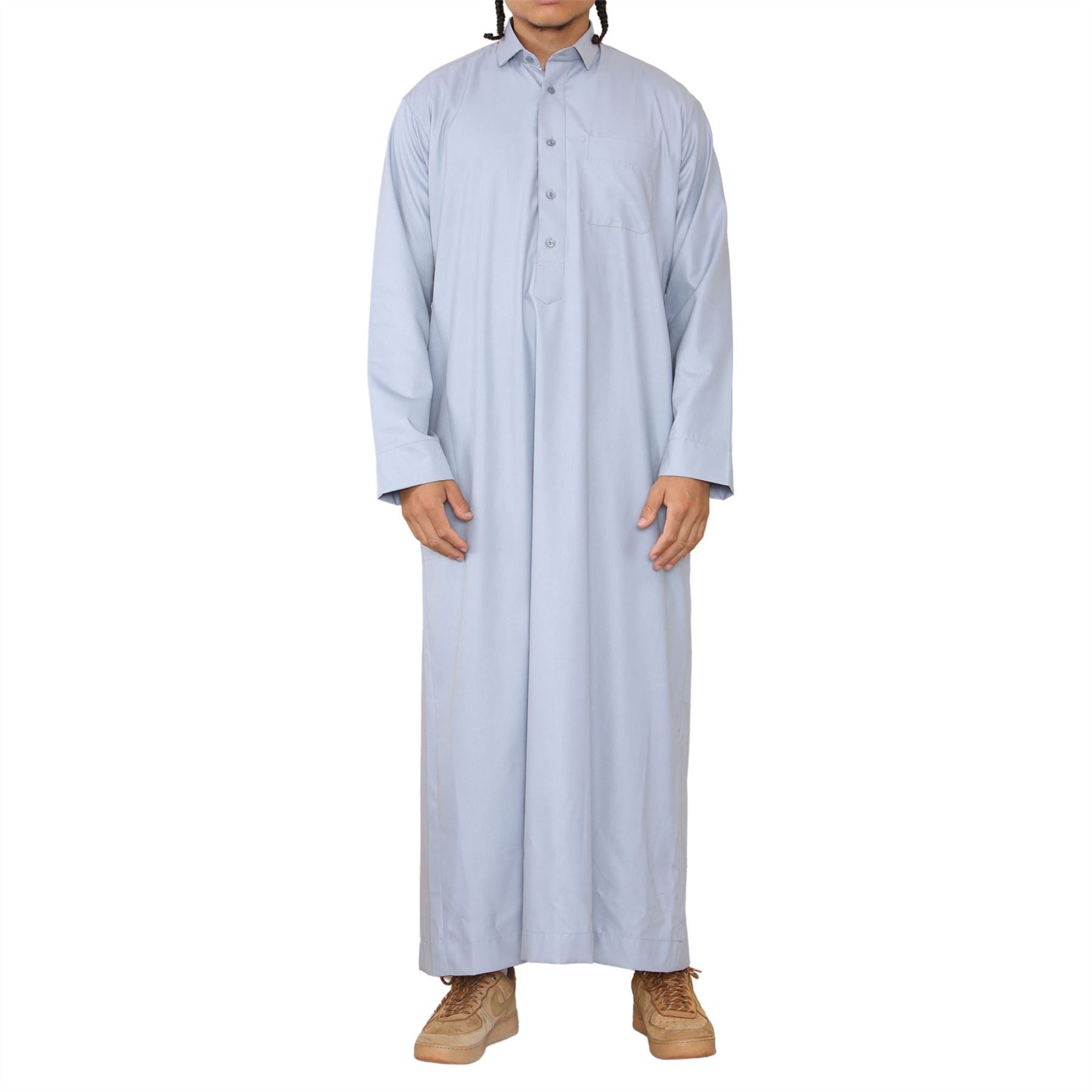 Mens Thobe Jubba Turn Down Collar Islamic Muslim Cotton Kaftan Dress Robe Arabic