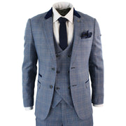 Mens Blue Check Marc Darcy 3 Piece Suit Double Breasted Waistcoat Elbow Patch