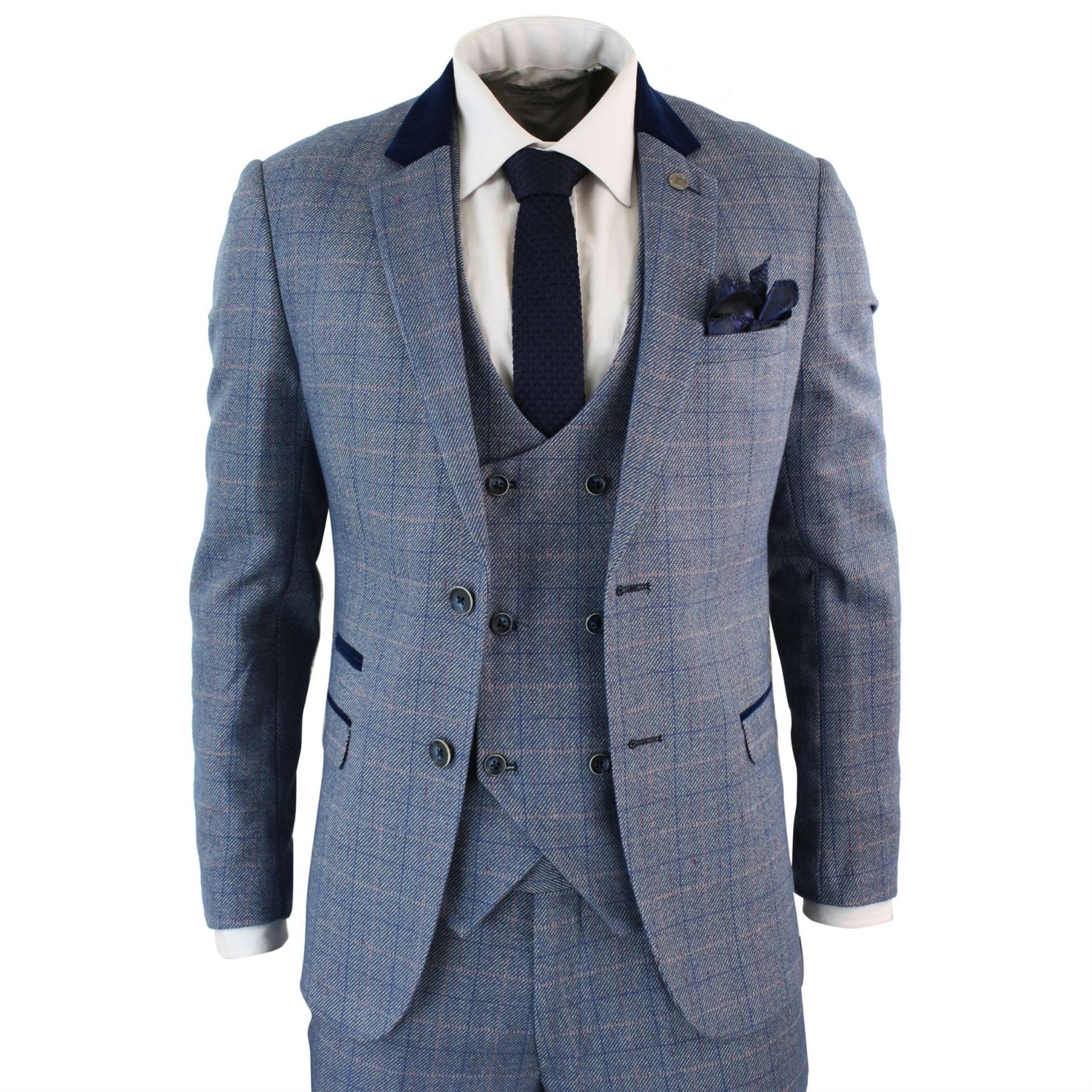 Mens Blue Check Marc Darcy 3 Piece Suit Double Breasted Waistcoat Elbow Patch