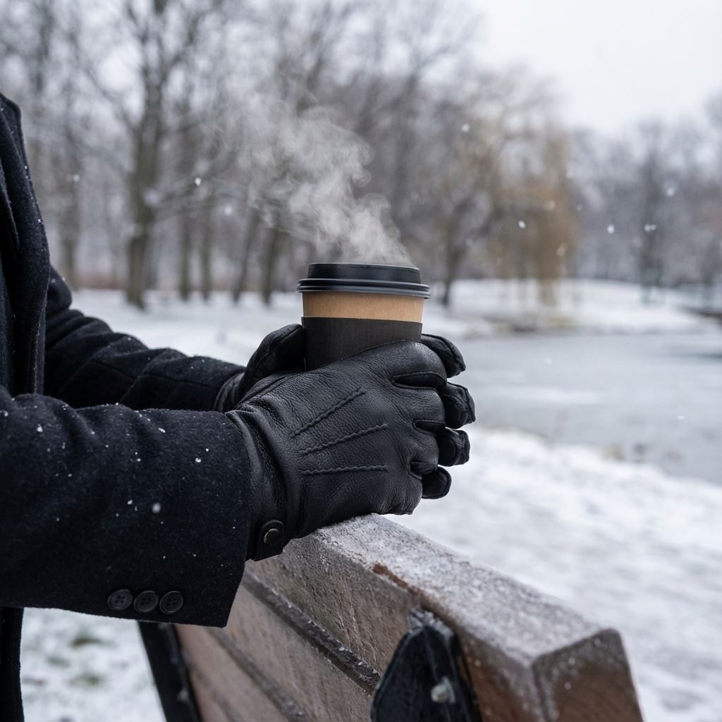 Men’s Leather Wool Lined Snap Button Closure Winter Gloves