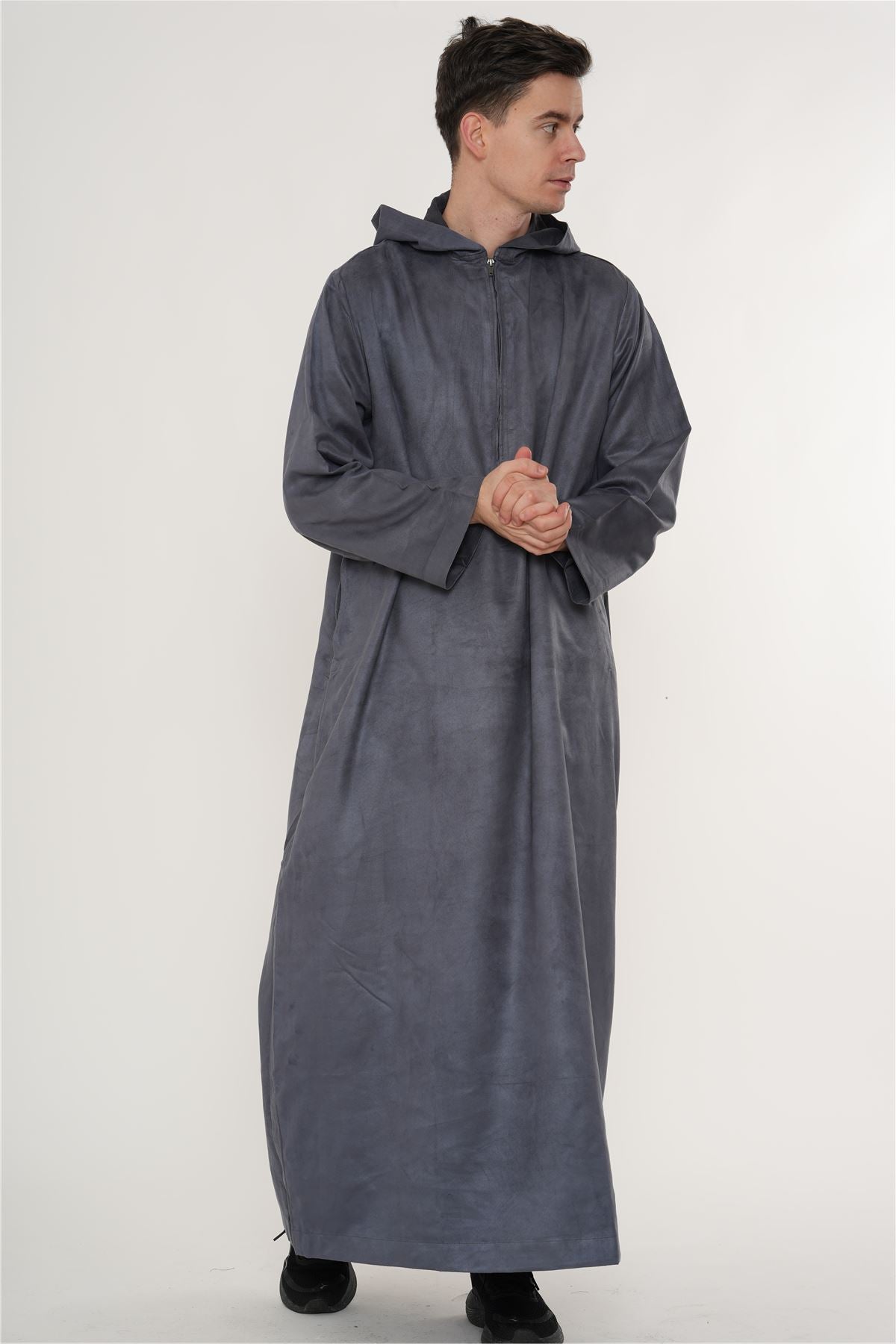HM12 - Men's Hooded Suede Thobe Emirati Omani Zipped Thobe
