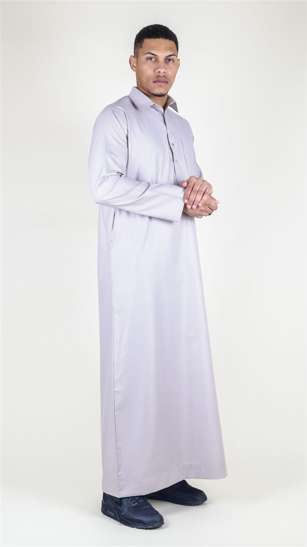 Mens Thobe Jubba Turn Down Collar Islamic Muslim Cotton Kaftan Dress Robe Arabic