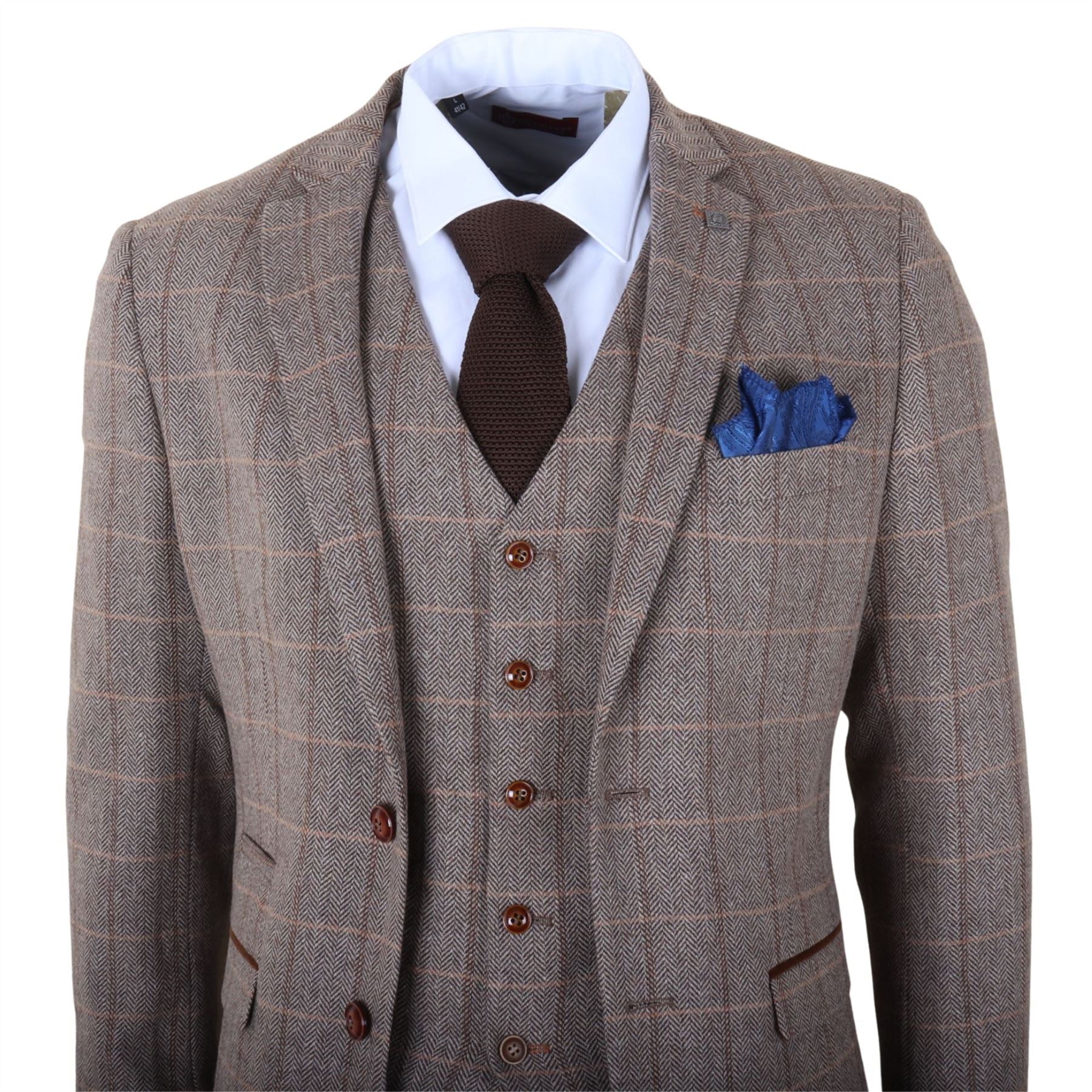Harris - Men's Brown 3 Piece Herringbone Check Tweed Suit