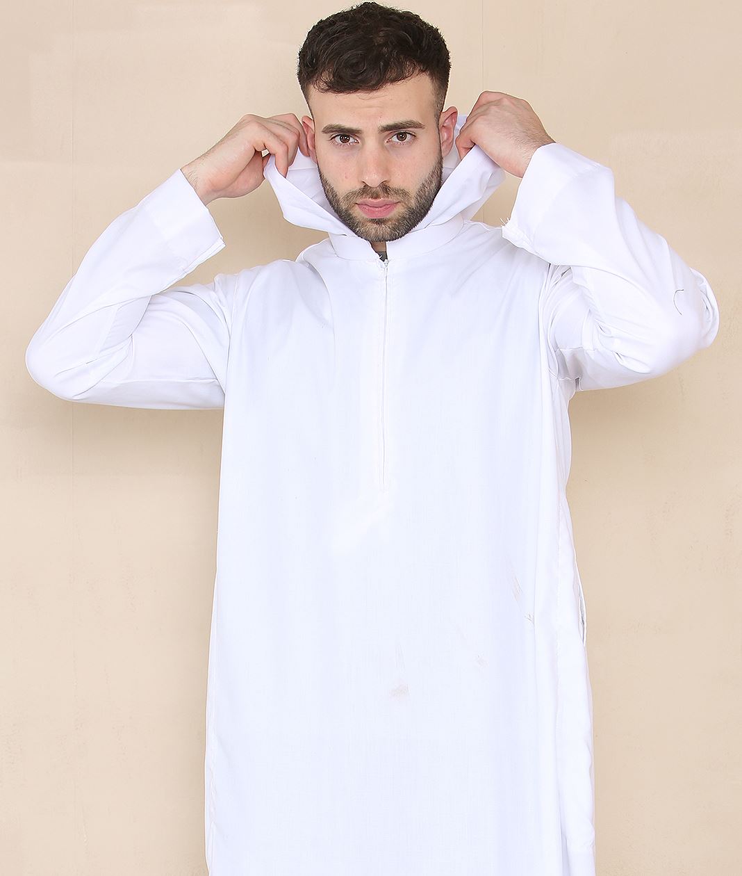 Mens Hooded Thobe Hood Jubba Nehru Stand Collar Islamic Clothing Muslim Kaftan Robe Saudi Slim Regular Fit