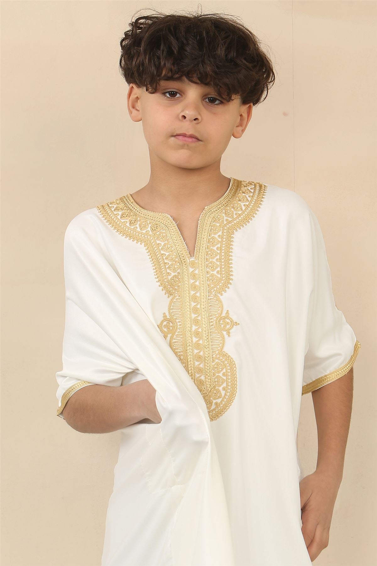 Boys Moroccan Thobe Gandoura Short Sleeve Jubba Islamic Clothing Kaftan Eid Robe Arab Embroidery